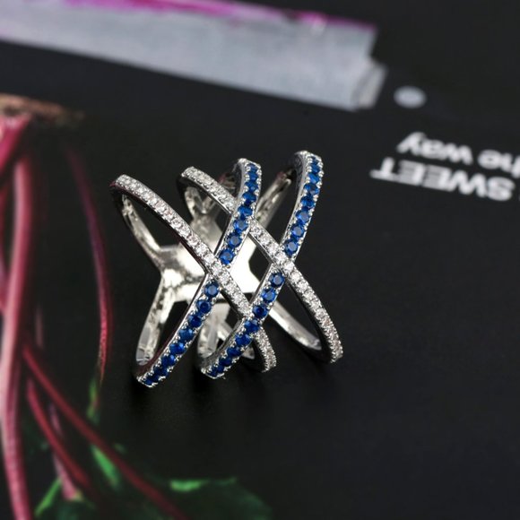 925 Silver Blue White Micro Pave Cross MultiLayer Ring for Women, VIP114 - Picture 3 of 6